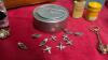 BOX OF MISC COLLECTIBLE ITEMS - OLD NAIL, GREEN GLASS, SLEEPY INDIAN ASHTRAY, CUFF LINKS, PEWTER MINI AIRPLANES/SHIPS TIC TAC TOE GAME ETC - 6