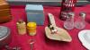 BOX OF MISC COLLECTIBLE ITEMS - OLD NAIL, GREEN GLASS, SLEEPY INDIAN ASHTRAY, CUFF LINKS, PEWTER MINI AIRPLANES/SHIPS TIC TAC TOE GAME ETC - 7