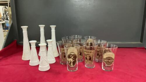 (9) COCA-COLA GLASSES & (6) WHITE BUD. VASES