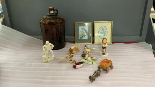 MISC COLLECTIBLES - (2) SMALL WOVEN PICTURES IN SILK, HUMMEL FIGURINE (BROKEN FEATHER), BROWN JUG, BIRD ORNAMENTS