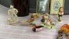 MISC COLLECTIBLES - (2) SMALL WOVEN PICTURES IN SILK, HUMMEL FIGURINE (BROKEN FEATHER), BROWN JUG, BIRD ORNAMENTS - 2