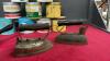 TOBACCO TINS, (2) ELECTRIC IRONS, SMALL CAST POT W/ SPOUT - 3