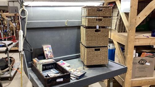 (2)ITEMS- 3-DRAWER WICKER STORAGE UNIT + TRAY W/DVD + VHS MOVIES