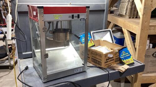 (2) THRIFTY POP POPCORN MACHINE + BOX OF POPCORN + POPCORN BAGS, LED WORK LIGHT