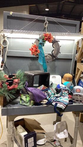 BOX W/WALL DECOR, SHELF?, SMALL TOWELS, BALL CAPS, CLOCK , LARIAT/HORSESHOE WALL HANGING , BATHROOM SCALE, XMAS CENTERPIECE