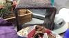 BOX W/WALL DECOR, SHELF?, SMALL TOWELS, BALL CAPS, CLOCK , LARIAT/HORSESHOE WALL HANGING , BATHROOM SCALE, XMAS CENTERPIECE - 6