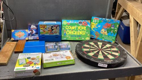 DART BOARD, BATTLESHIP, DOMINOS, PUZZLE, COUNT YOUR CHICKENS, MICKEY MOUSE LUNCH KIT