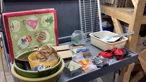 BOX W/ ELECTRICAL ITEMS, SCREWS, NAILS, SHELF BRACKETS, MAT