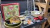 BOX W/ ELECTRICAL ITEMS, SCREWS, NAILS, SHELF BRACKETS, MAT