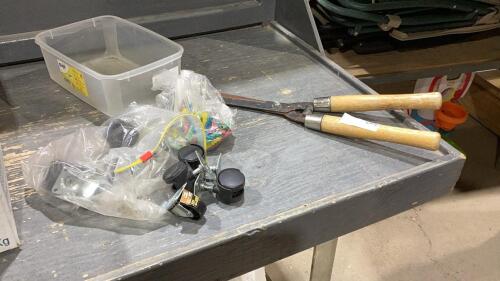 BOX W/ CASTERS, HEDGE TRIMMER , DRYWALL PLUGS