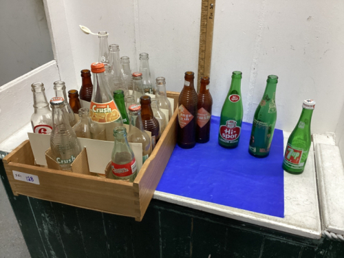 WOODEN BOTTLE CRATE W/GLASS BOTTLES