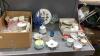 (2)BOXES - ASSORTED CHINA TEA CUPS + GLASSWARE, COLLECTOR PLATES