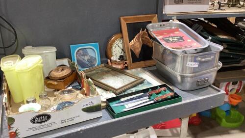 (2) BOXES - FRAMED COPPER HORSE HEAD, CARVING SET, 5 PC ROASTER SET