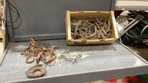 BOX OF SCRAP LEATHER, ALUMINIUM BIT,