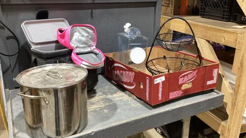 BOX W/STOCK POT, TITAN COOLER, LUNCH BAG, METAL FRUIT BASKET