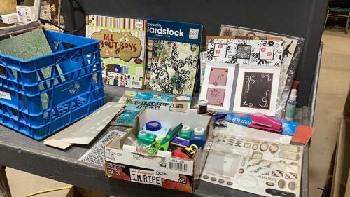 (2) ITEMS B0X + BLUE CRATE W/ SCRAPBOOKING/HOBBY SUPPLIES