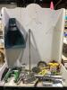 SHOP BOX W/ SHEARS, SPRAYS, HORSE SHOES, SHOVE HEADS, TRAILER JACK & MISCELLANEOUS