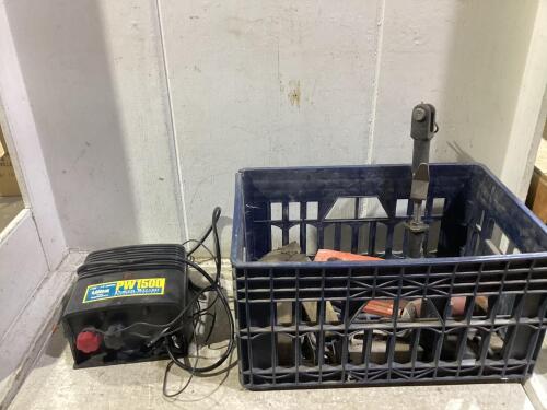SHOP CRATE W/ STRAPS, HITCH, POWER WIZARD & MISCELLANEOUS