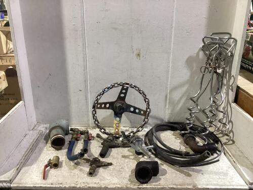 (2) SHOP PAILS OF MISCELLANEOUS- STEERING WHEEL, SPRINKLERS, GROUND ANCHOR STAKES & VALVE