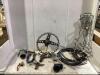 (2) SHOP PAILS OF MISCELLANEOUS- STEERING WHEEL, SPRINKLERS, GROUND ANCHOR STAKES & VALVE