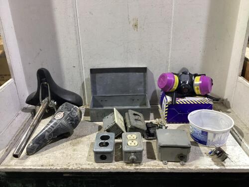 (2) SHO PAILS OF MISCELLANEOUS W/ ELETRICAL PARTS, BICYCLE SEATS, SILICONE HALF-MASK & EMPTY BOX