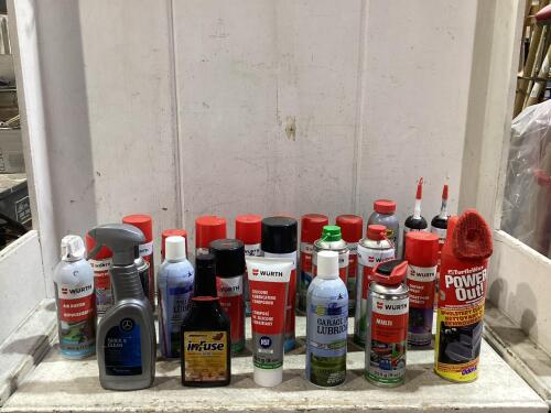 SHOP BOX OF MIXED CANS W/ AIR DUSTER, HHS LUBE, POWER-OUT, ROST OFF & MISCELLANEOUS