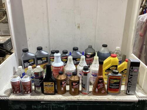 SHOP BOX OF MIXED FLUIDS W/ ENGINE SEAL, REPAIR MAIN SEAL, BAR'S LEAKS & MISCELLANEOUS
