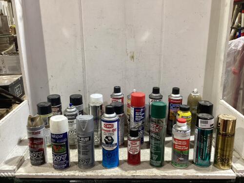SHOP BOX OF MIXED FLUIDS W/ SILICONE LUBRICANT, PRE-BUFF CLEANER, ANTI-RUST & MISCELLANEOUS