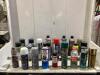 SHOP BOX OF MIXED FLUIDS W/ SILICONE LUBRICANT, PRE-BUFF CLEANER, ANTI-RUST & MISCELLANEOUS