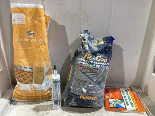 SHOP BOX OF MISCELLANEOUS W/ ACRYLIQUE, FOAM WEATHER STRIP, QUIKRETE & SCHLUTER ALL-SET