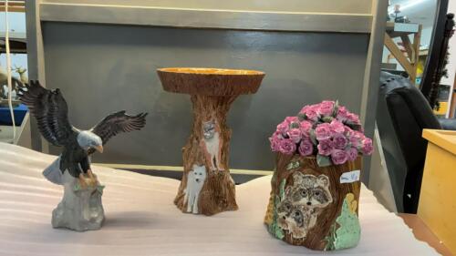 (3) HANDPAINTED CERAMIC PIECES - BIRD BATH, EAGLE & VASE W/ FLOWERS