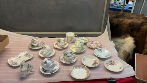 (6) SETS TEA CUPS & SAUCERS, SOME MISC PLATES +CUPS AND SMALL PLATTER