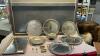 SILVERPLATE ITEMS, (2) STAINLESS PLATTERS, (2) BRASS SCOTTIE ASHTRAYS, MIRRORED TRAY