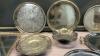 SILVERPLATE ITEMS, (2) STAINLESS PLATTERS, (2) BRASS SCOTTIE ASHTRAYS, MIRRORED TRAY - 2