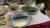 SILVERPLATE ITEMS, (2) STAINLESS PLATTERS, (2) BRASS SCOTTIE ASHTRAYS, MIRRORED TRAY - 4