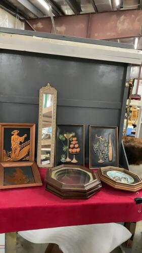 SMALL MIRROR, COPPER PICTURES, HORSE COLLECTOR PLATE & PLATE FRAMES