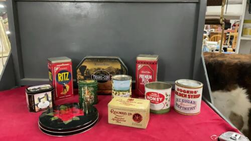 COLLECTION OF TINS - SMALL ROGERS SYRUP, HONEY, RIDGWAYS TEA ETC