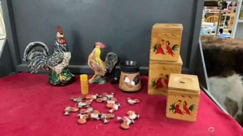 ROOSTER COLLECTION - (2) CERAMIC, RESIN ORNAMENTS, SCENTSY BURNER, WOODEN CANISTERS