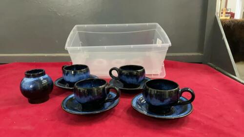 BLUE POTTERY MUG & PLATE SET + ONE SUGAR BOWL