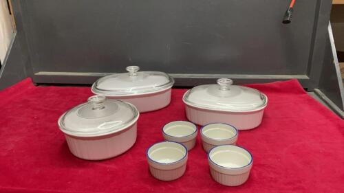(3) FRENCH WHITE CORNINGWARE CASSEROLES & (4) RAMEKINS