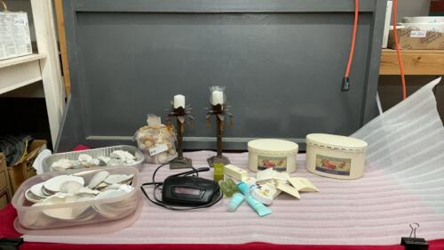 VARIETY OF SHELLS, CANDLE HOLDERS, ALARM CLOCK, SMALL OVAL TIN CONTAINERS