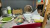 BOX W/ (2) NEW FLEECE BLANKETS, PLASTIC TRAYS, INSTANT POT SILICONE SEAL RINGS, ELECTRIC KNIFE ETC