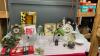 BOX W/ DECORATIVE TRAYS, CERAMIC BIRDHOUSE, CANDLE HOLDERS, &ldquo;SPRU&rdquo; CANDDLE HOLDER, SMALL WOOD CROSS, MARBLE EGG, ETC