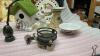 BOX W/ DECORATIVE TRAYS, CERAMIC BIRDHOUSE, CANDLE HOLDERS, &ldquo;SPRU&rdquo; CANDDLE HOLDER, SMALL WOOD CROSS, MARBLE EGG, ETC - 3