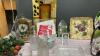 BOX W/ DECORATIVE TRAYS, CERAMIC BIRDHOUSE, CANDLE HOLDERS, &ldquo;SPRU&rdquo; CANDDLE HOLDER, SMALL WOOD CROSS, MARBLE EGG, ETC - 5