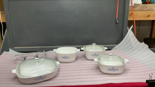 (4) BLUE CORNFLOWER CASSEROLES & A TRIVET
