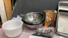 BOX W/ MIXMASTER, MUFFIN TINS, MIXING BOWLS, POTHOLDERS - 2