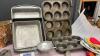 BOX W/ MIXMASTER, MUFFIN TINS, MIXING BOWLS, POTHOLDERS - 4