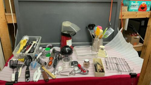 BOX W/ KITCHEN UTENSILS, HOT AIR POPCORN POPPER, KNIVES, CAKE PAN, KNIFE SHARPENER ETC