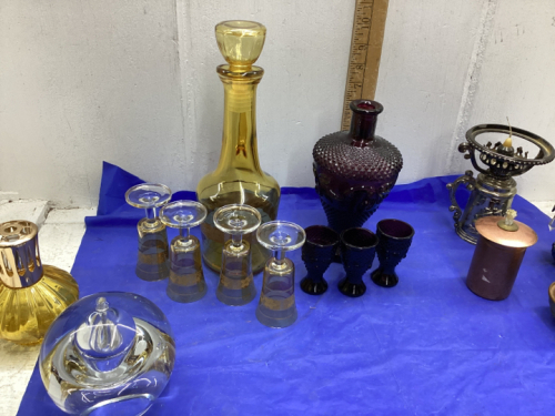 DECANTERS W/GLASSES. OIL SCENT BURNERS